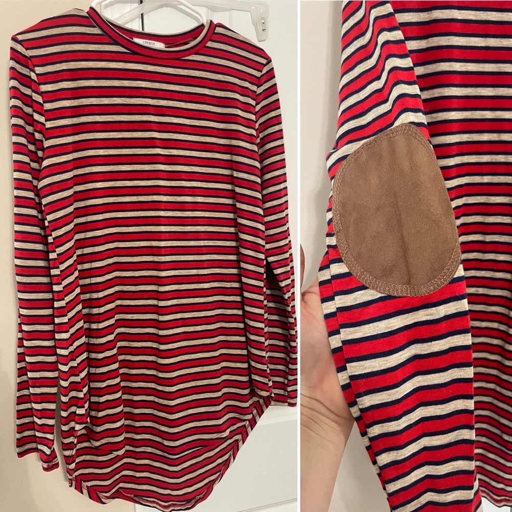 Red, navy and oatmeal striped tunic with suede elbow patches